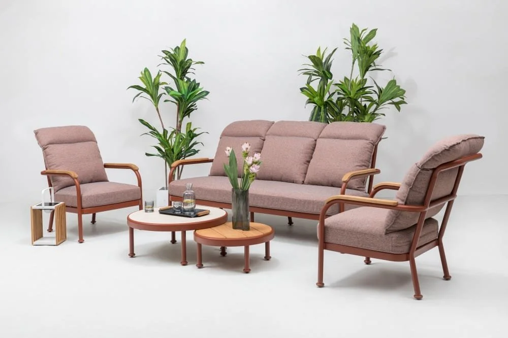 Aluminum Sofa Set With Teak & Stone Tabletops — View 2